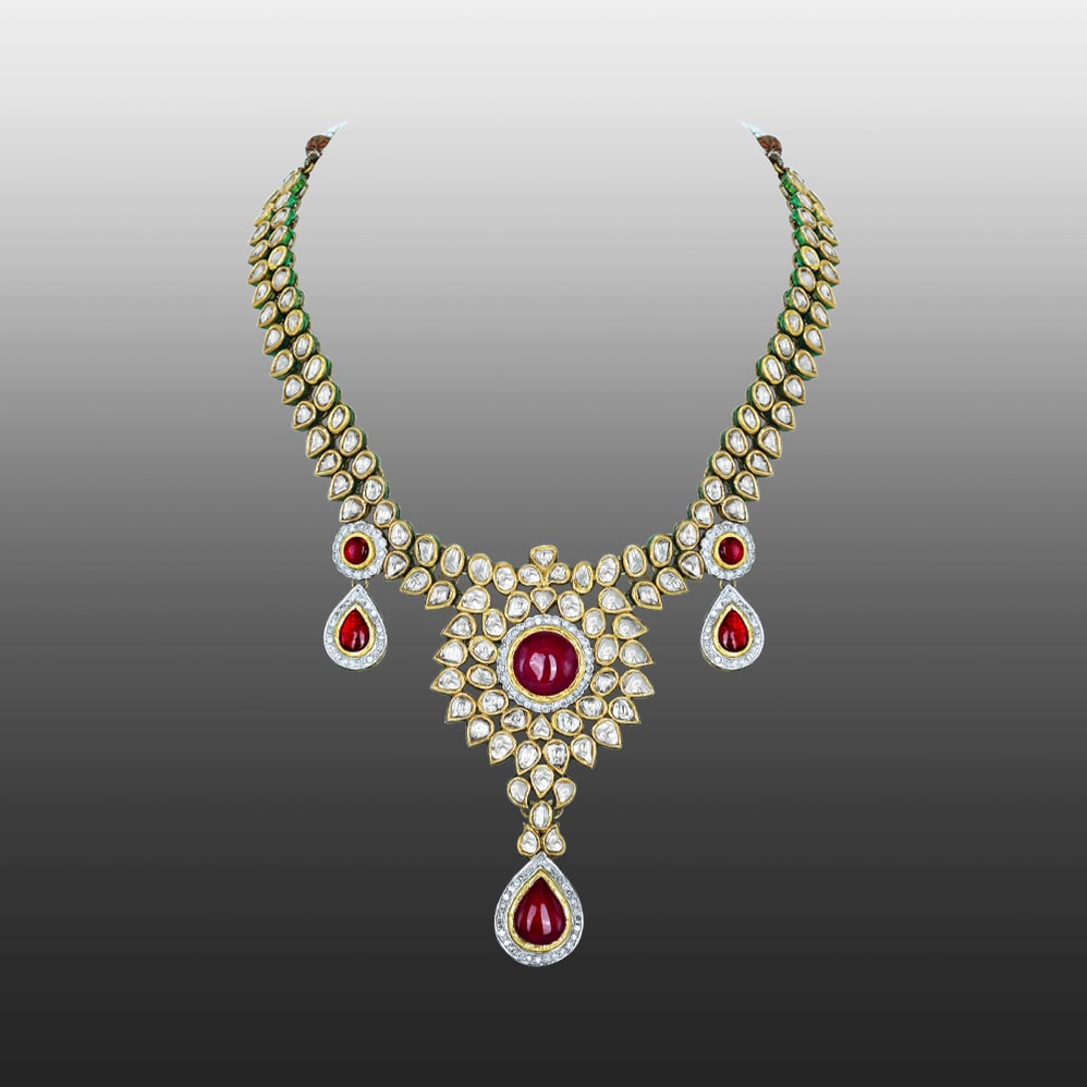 Rhodolite Cabochon Necklace with Polki Diamonds and Teardrops
